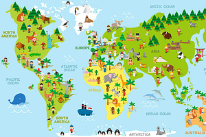 Cartoon World Map With Kids And More