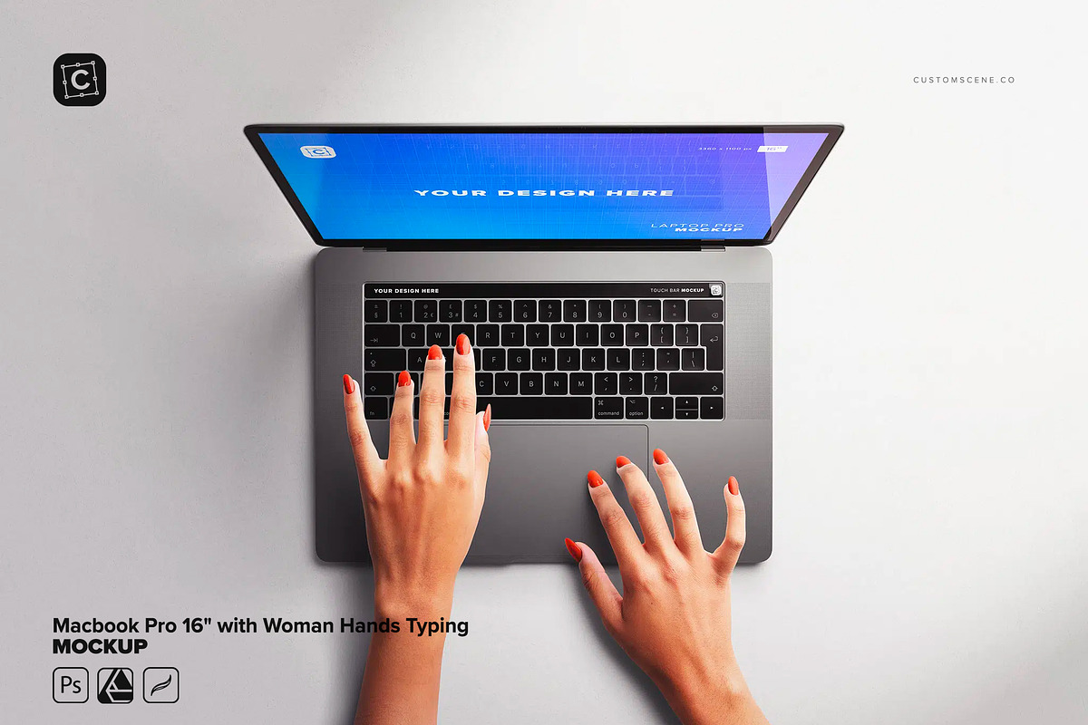 Macbook Pro 16 with Woman Hands, a Product Mockup by Custom Scene (Photo 2 of 8)