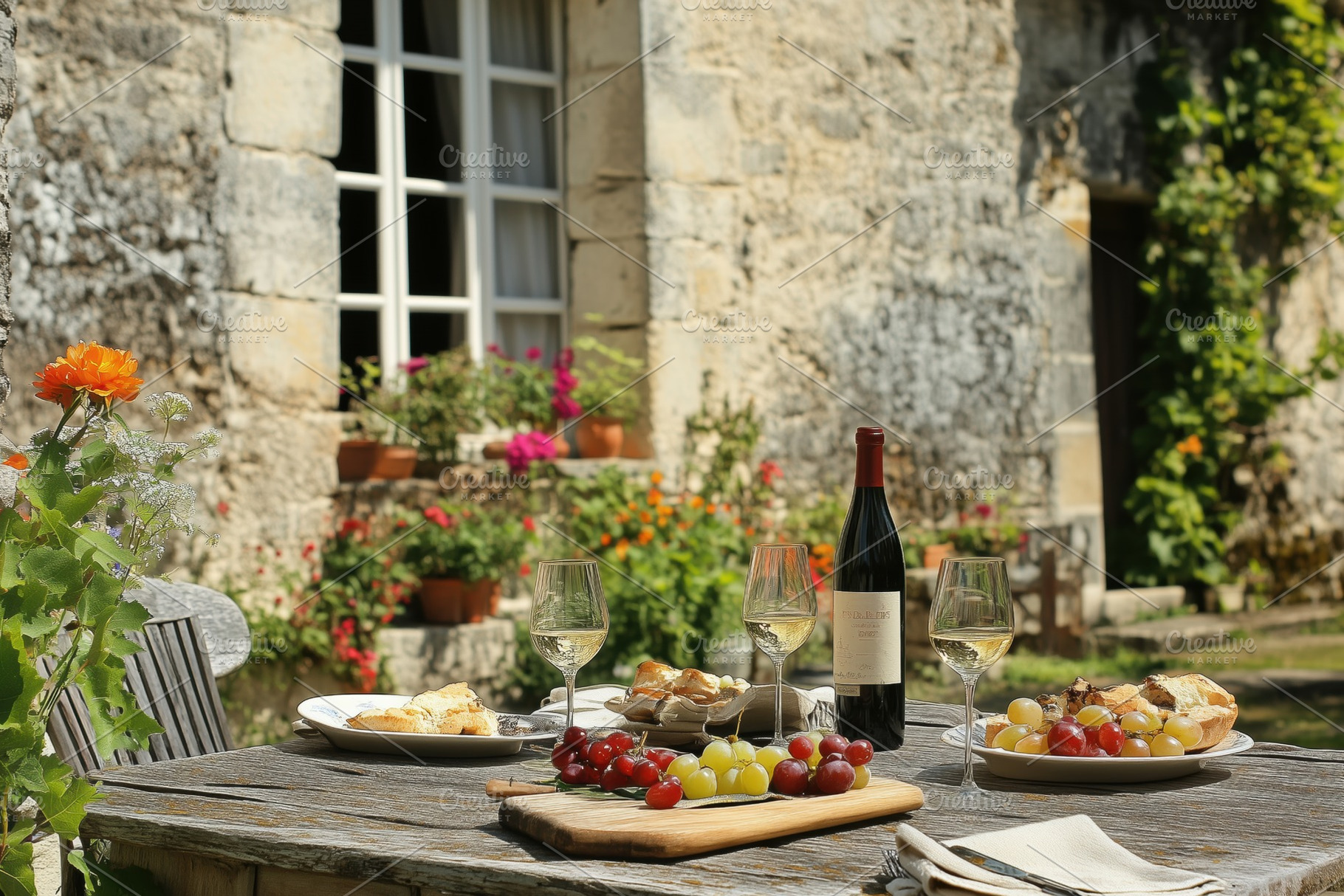 A picturesque Country French house style outdoor dining setup featuring a woode, an Architecture Photo by Textures & Backgrounds