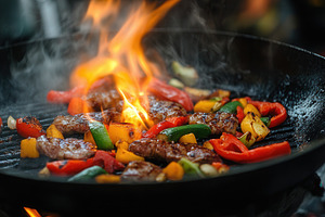 Steaks sizzle over open flames, a Photo by Pavel_design