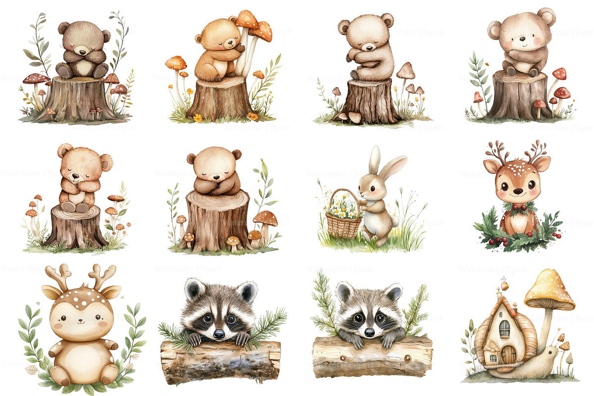 Cute Woodland Animal Clipart, an Illustration by Watercolor design (Photo 2 of 9)