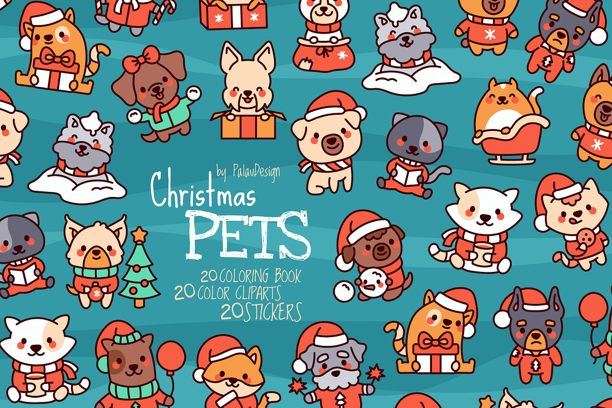 Cute Kawaii Christmas Pet Cat Dog, a Seasonal Illustration by Palau (Photo 1 of 12)