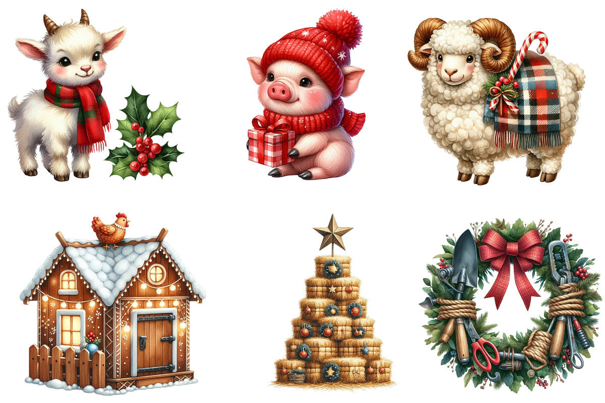 Cozy Farm Christmas Watercolor, an Illustration by DreamArtGraphic (Photo 3 of 6)