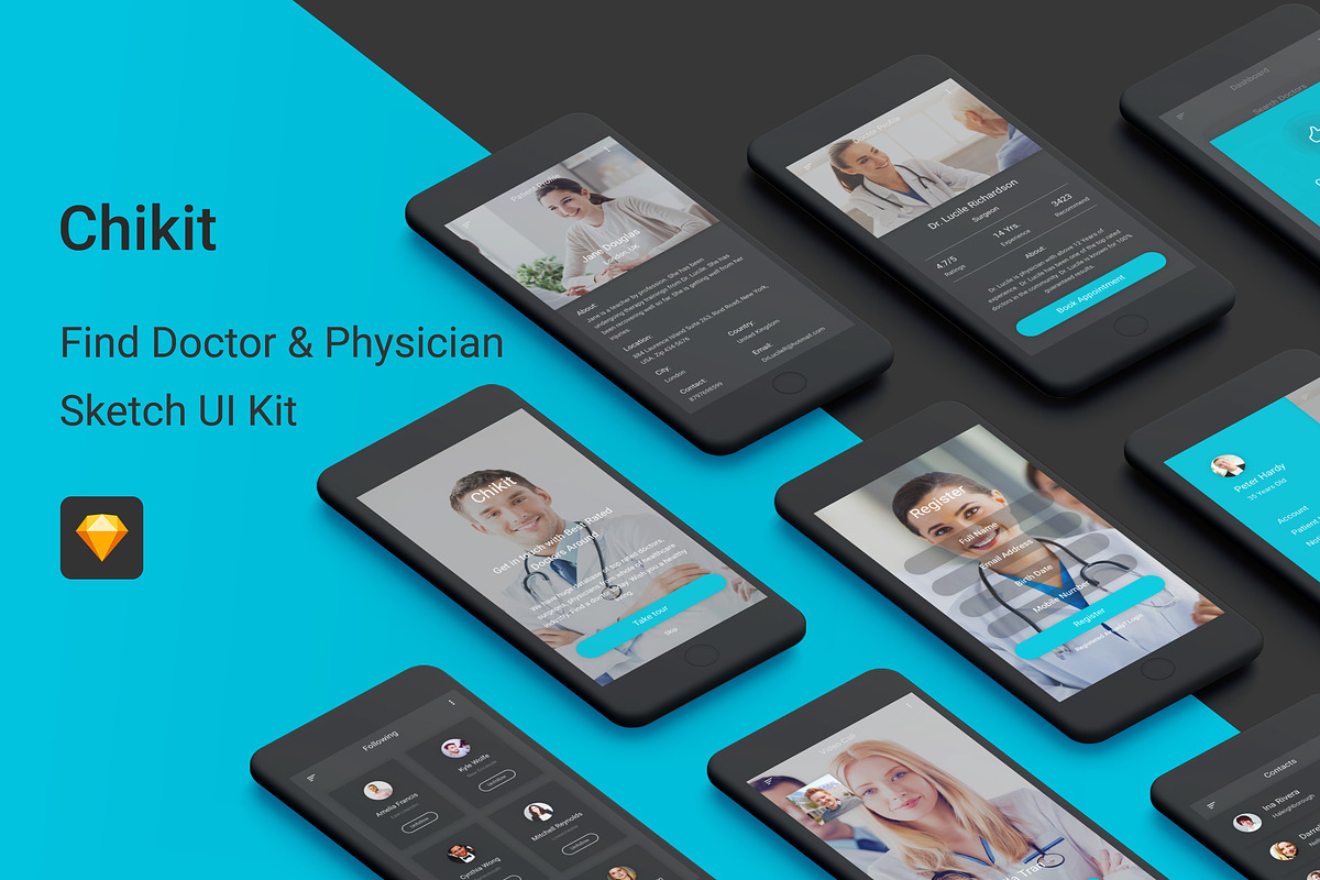 Find Doctor & Physician Sketch App, an UI Kit Template by themelove (Photo 1 of 13)