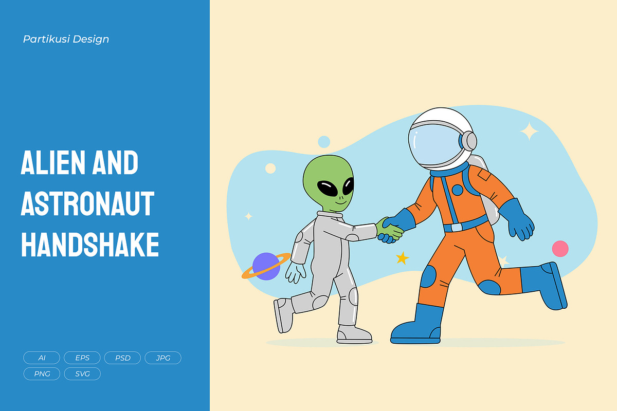 Alien and Astronaut Handshake, an Object Illustration by Partikusi Design (Photo 1 of 3)