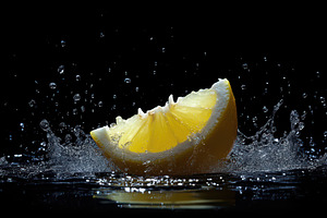 Fresh lemon slice splashing into wat, a Photo by Tanuart