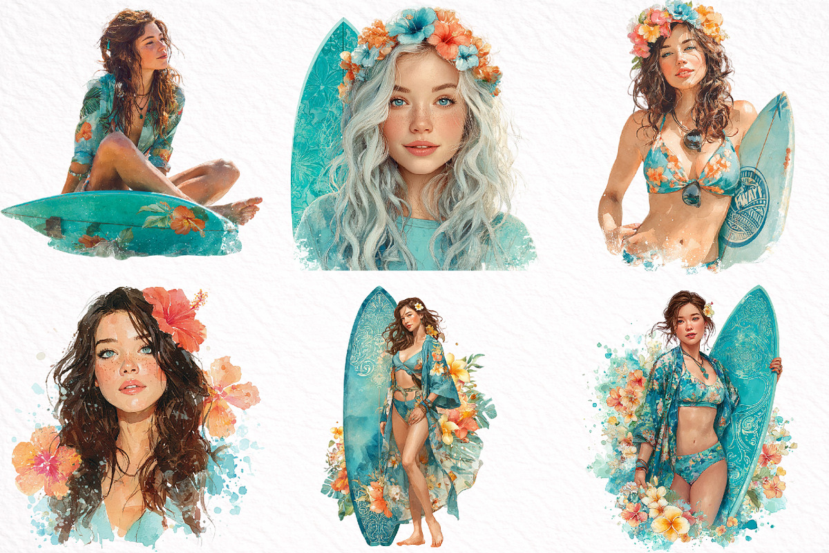 Aloha Surfing Girl Clipart, an Illustration by DreamArtGraphic (Photo 4 of 8)