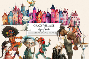 QUIRKY WHIMSICAL VILLAGE CLIPART, a Person Illustration by Daring Digies