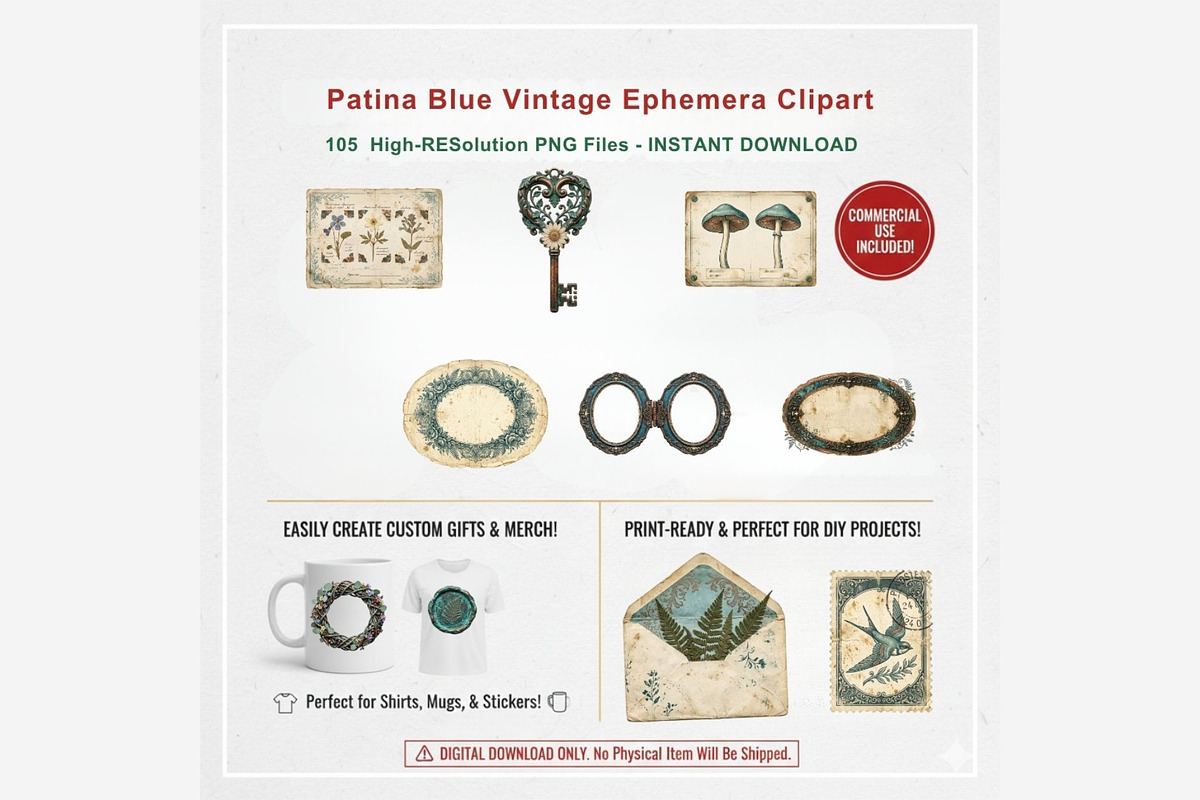 Patina Blue Vintage Ephemera PNG, a Seasonal Illustration by Tanya Kart (Photo 14 of 15)