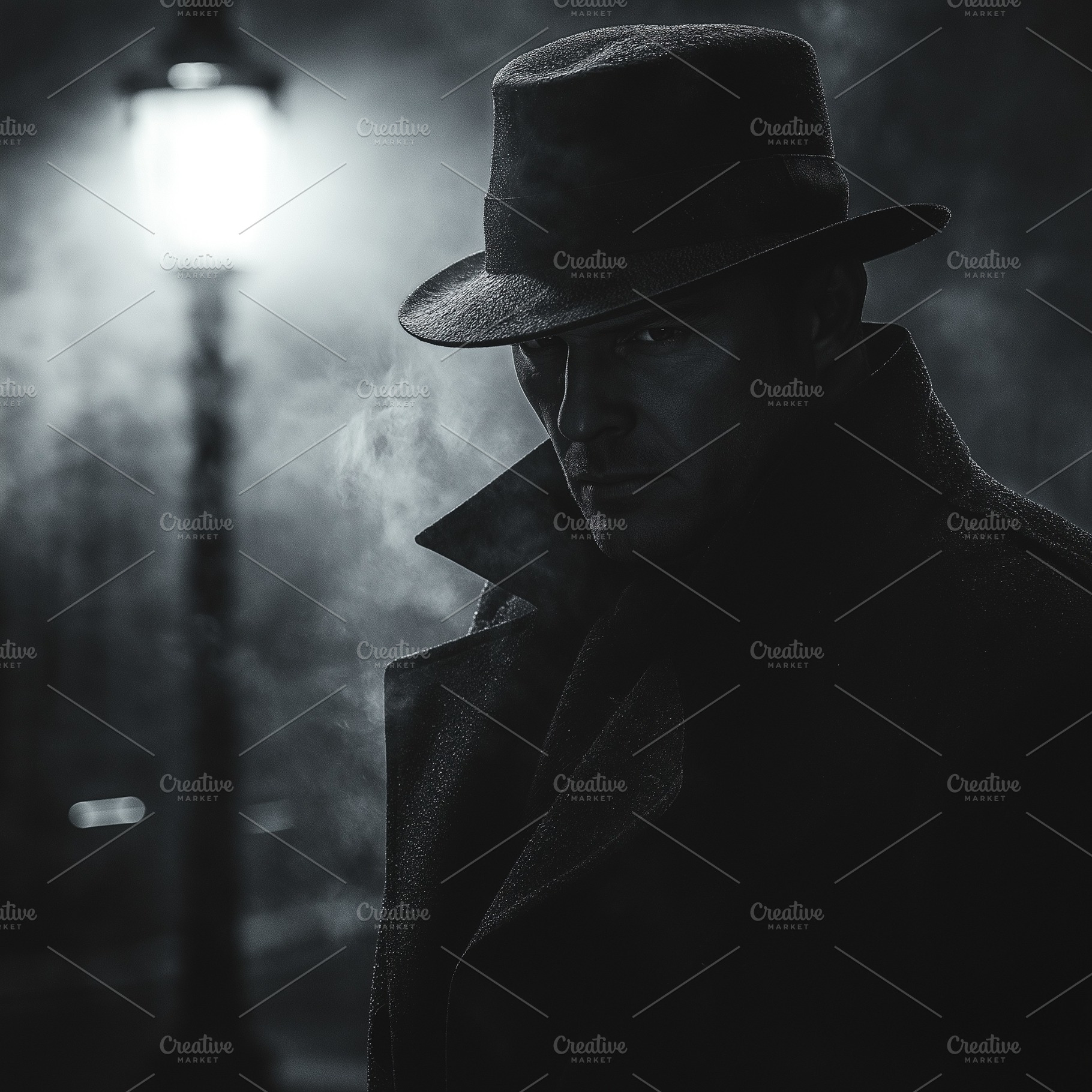 A mysterious dark-haired man in a fedora stands in shadow, illuminated by a str, a Person Photo by ImageMir