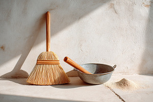 Handmade straw broom placed beside a metal bowl and fine powder on a sunlit sur, a Photo by AlyaAnd
