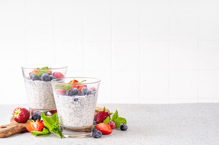 Chia seeds pudding dessert with fresh berries