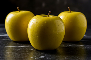 Three fresh yellow apples with water