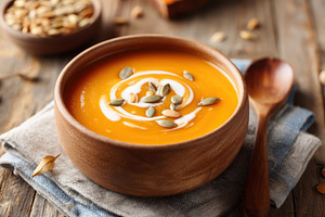 Creamy orange soup with seeds and cream swirl, a Food & Drink Photo by AlyaAnd