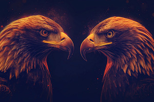 Two majestic golden eagles face each other, their fierce expressions highlighte, an Animal Photo by ImageMir
