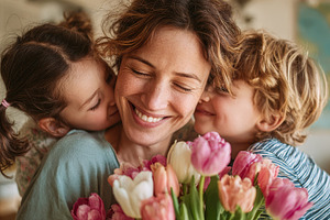 Happy Mother receiving kisses and fl, a Photo by Pixeness Studio