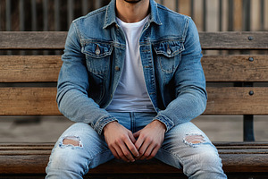 A young man in jeans clothing while sitting on a park bench, a Person Photo by AlyaAnd