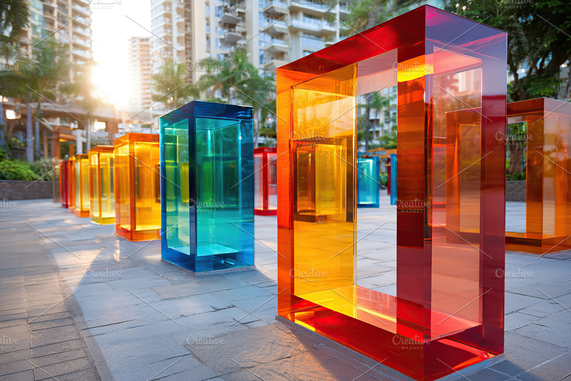 Colorful art installation featuring transparent elements in a vibrant urban set, an Architecture Photo by AlyaAnd