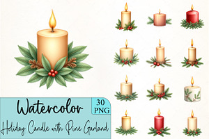 Holiday Candle with Pine Garland Cli, an Illustration by CrexoraLab