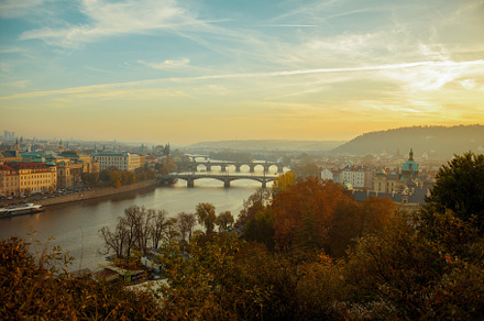 landscape at sundown in autumn in Prague, Czech Republic, an Architecture Photo by Alliance Images