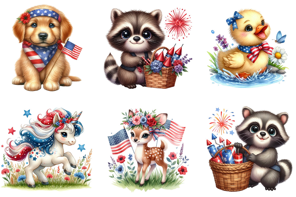 Fourth of July Cute Animal Watercolo, an Illustration by DreamArtGraphic (Photo 4 of 4)