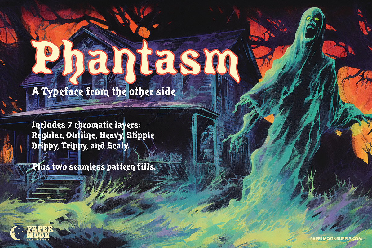 PM Phantasm Spooky Retro Font, a Serif Font by Paper Moon Graphic Supply (Photo 1 of 16)