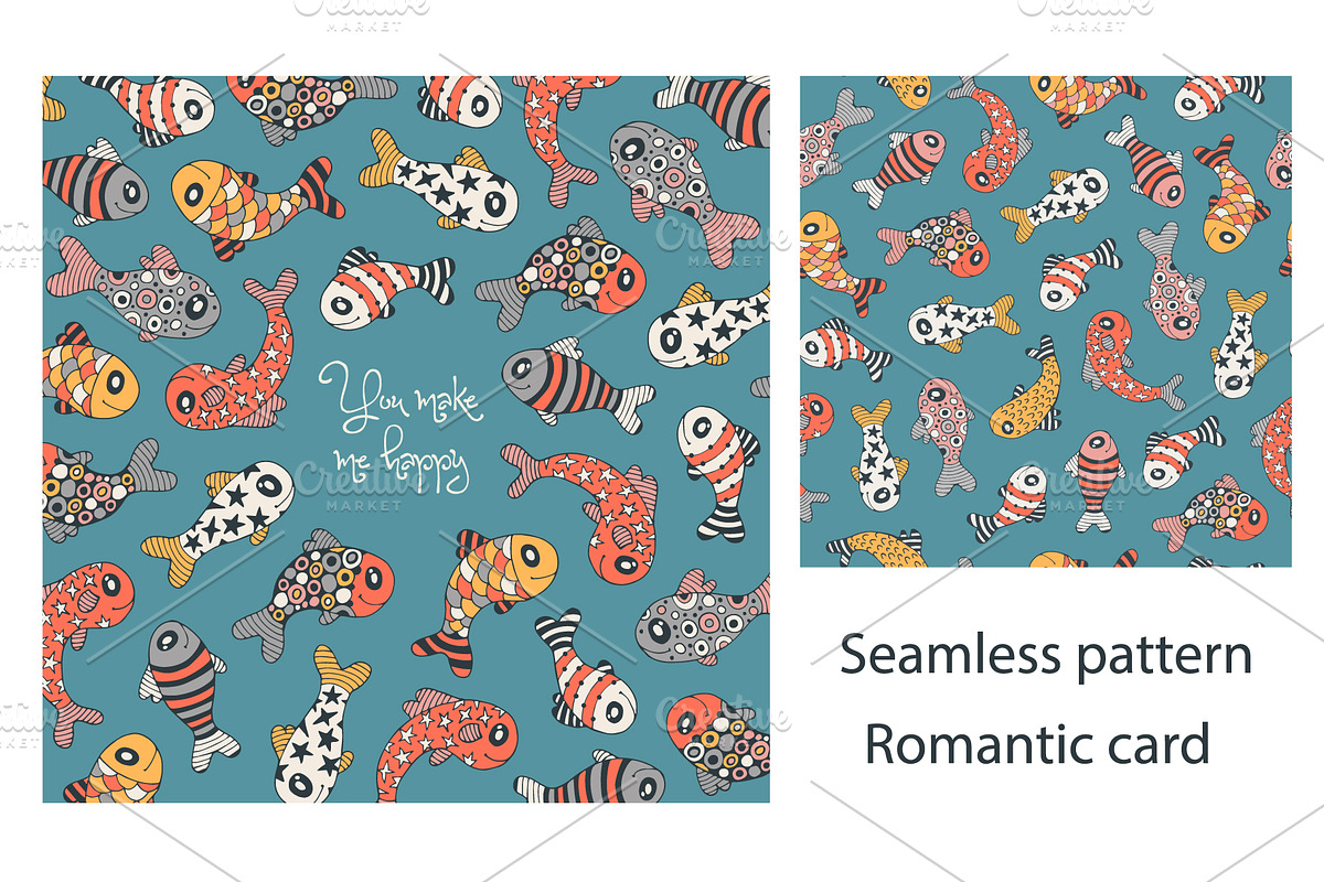 Cartoon fish. Pattern and card., a Card Template by Mira15