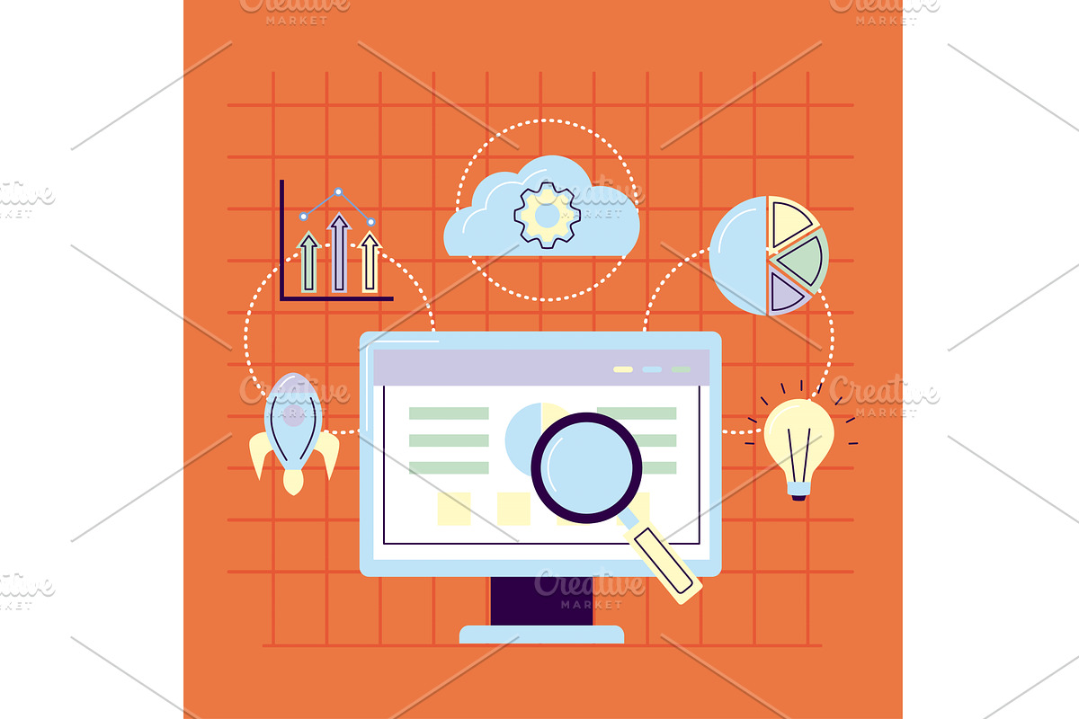 computer with loupe and icons, an Object Illustration by studiogstock