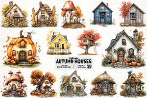 Watercolor Autumn Houses Clipart, an Illustration by Pixels.Craft