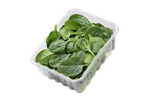 Spinach leaves in a plastic box, a Food & Drink Photo by innakreativ