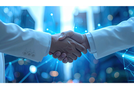 Two people shake hands in a