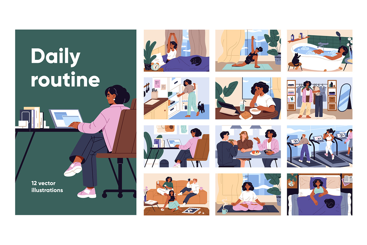 Woman's daily routine, lifestyle set, a Person Illustration by PaperTrident (Photo 1 of 13)