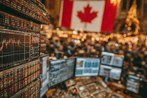 Busy Canadian stock market trading floor with monitors, financial charts and Ch, a Photo by AS photostudio