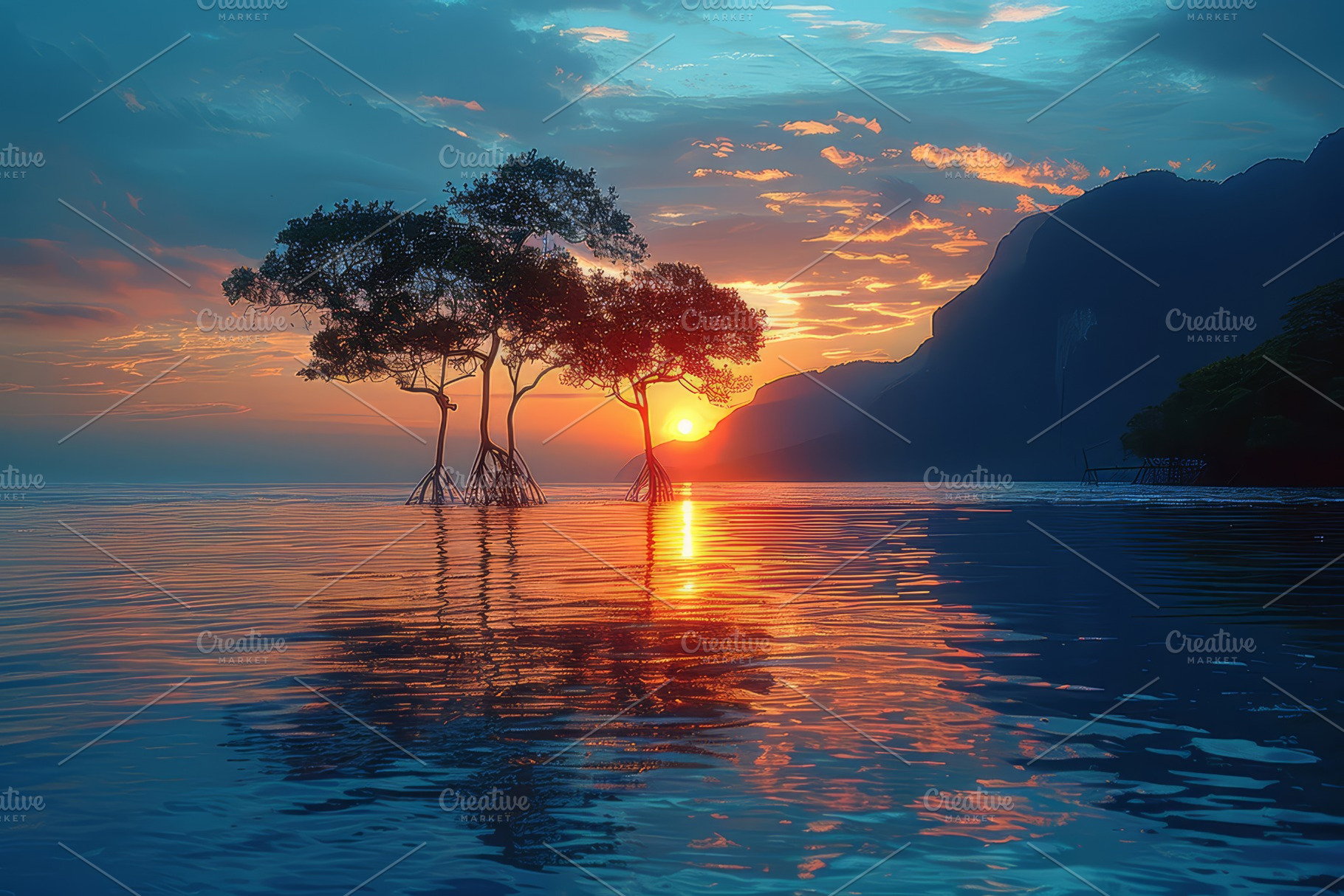 Stunning Sunset Over Serene Ocean with Silhouetted Trees and Dramatic Sky, a Photo by AS photostudio