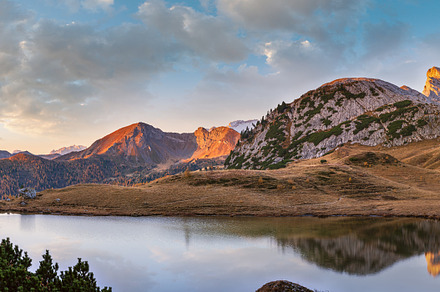 Early morning autumn alpine Dolomites mountain scene. Peaceful V, a Nature Photo by YuriyB