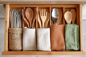 Metal utensils and wooden cutlery are neatly arranged in a kitchen drawer, high, a Food & Drink Photo by AlyaAnd