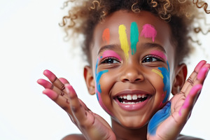 Smiling girl with colorful paint on, a School & Education Photo by angellodeco