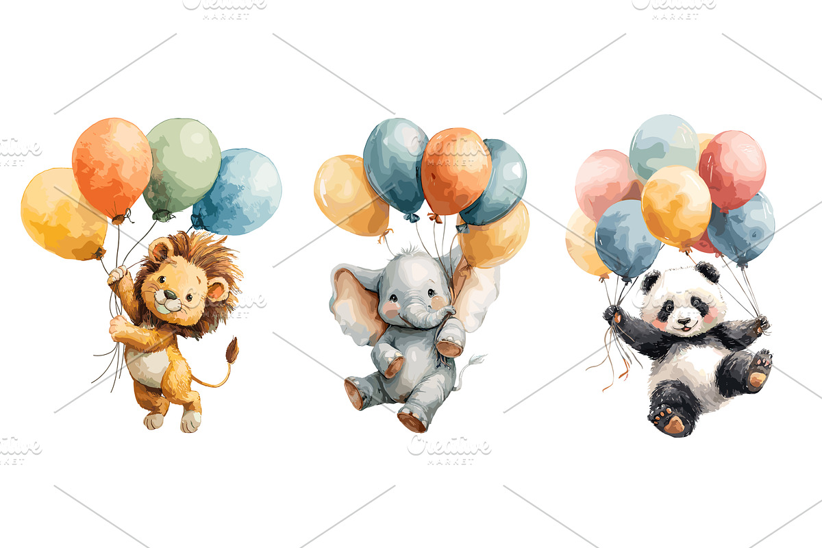 Animals on balloons. Watercolor baby, an Illustration by Stock-Smart-Start