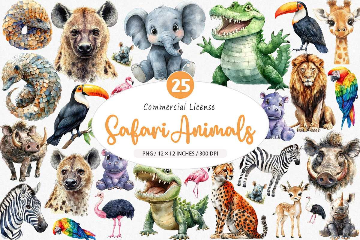 Safari Animals Clipart Bundle, an Illustration by SinaCreation (Photo 1 of 5)