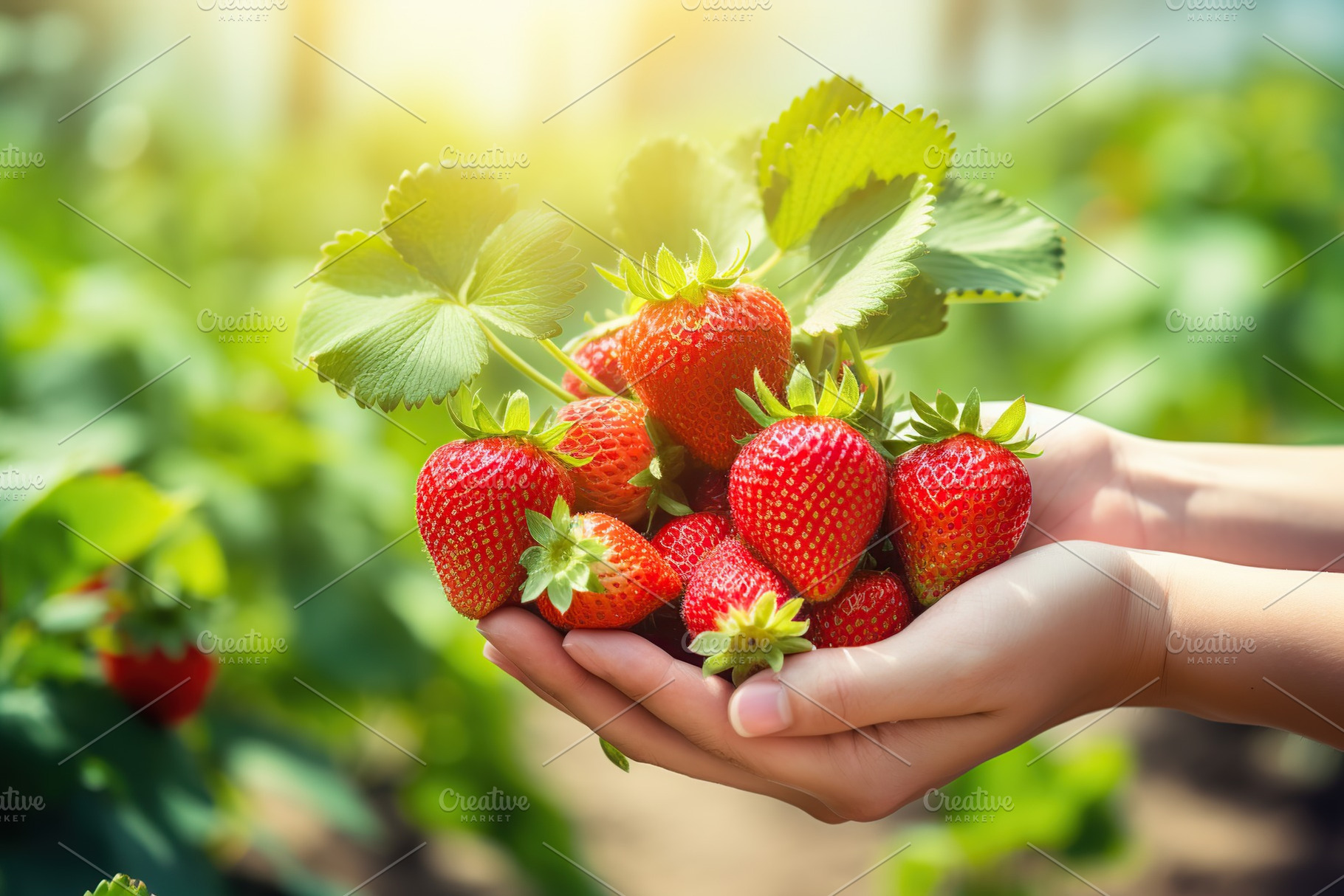 Female hands holding ripe strawberries in the garden, a Food & Drink Photo by AlyaAnd