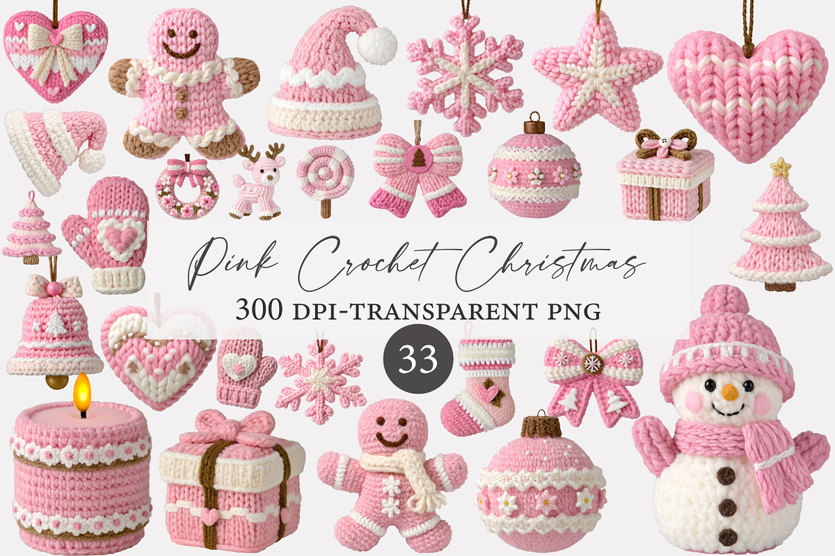 Pink Crochet Christmas PNG Bundle, an Illustration by Designworld (Photo 1 of 5)