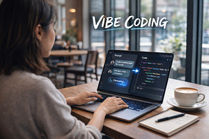 Woman coding in cafe setting, focused on laptop screen, Vibe cod, a Photo by Dvoevnore photos
