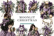 Watercolor Moonlit Christmas Clipart, a Seasonal Illustration by BusyDaydesign (Thumbnail 1 of 7)