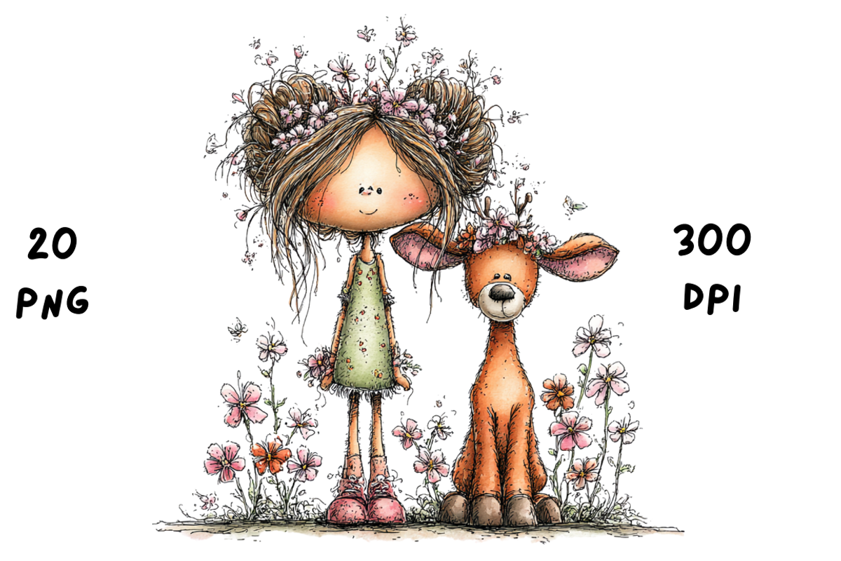 Whimsical Floral Girl & Deer Clipart, an Animal Illustration by GiraffeCreative (Photo 6 of 20)