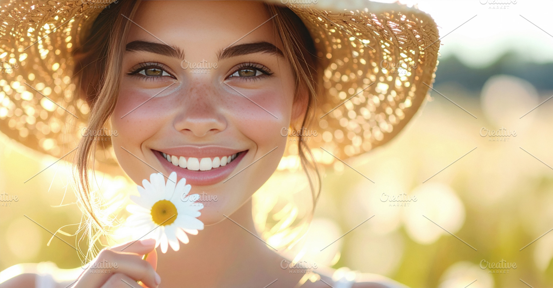 Smiling Young Caucasian Woman with Daisy at Sunset, a Person Photo by Davizro's Market