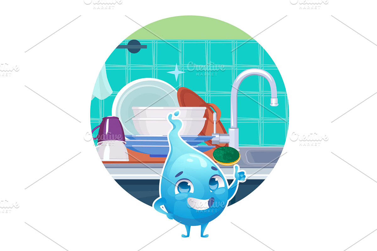 Clean dishes. cartoon mascot water, an Illustration by Onyx