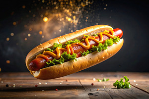 Classic hot dog floating in mid air with toppings, an Animal Photo by GoodGoods