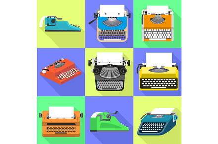 Typewriter icons set, flat style, an Illustration by Ylivdesign