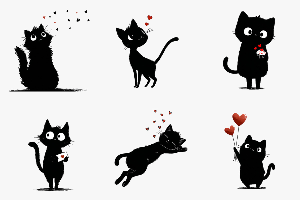 Whimsical Valentine Black Cat Clipar, an Illustration by CreationArt (Photo 3 of 6)