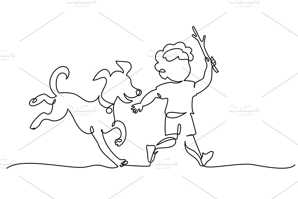 Little Boy run with big dog, a Person Illustration by Valenty